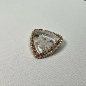 Vintage Gold Tone Reuleaux Shape Clear Crystal Reverse Etched White Rose Brooch